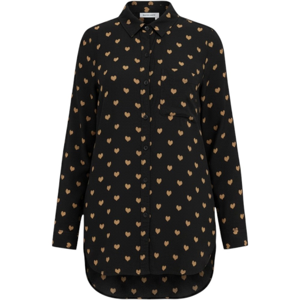 Allison Joy Womens Black Tan Heart Print Button Down Shirt Blouse XS Long Sleeve